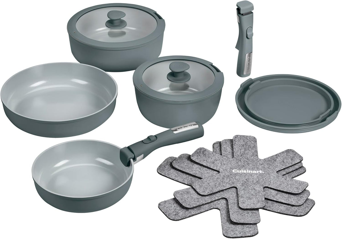 Cuisinart 13-Pc, ClickSmart Nonstick Detachable Handle Ceramic Cookware, Pots and Pans Set, Stackable Space-Saving Design, Compatible with All Stovetops, Induction & Oven Safe, PURELYCERAMIC