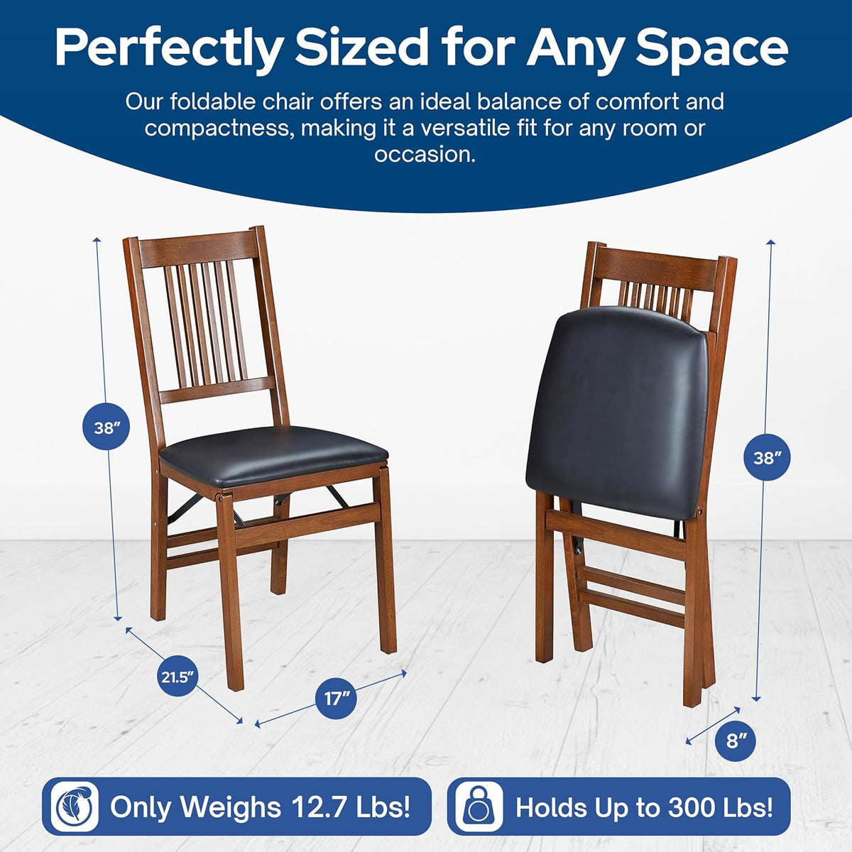 MECO Stakmore True Mission Wooden Folding Chairs with Padded Seats, Set of 2 - No Assembly Foldable Dining Chairs, Steel Folding Mechanism, Upholstered Cushion, Space-Saving, Fruitwood Frame