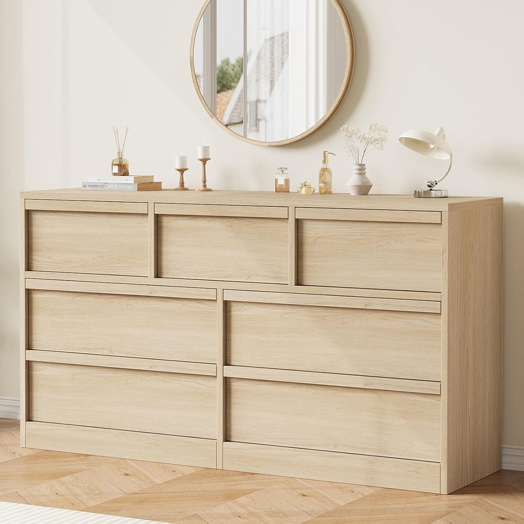 GarveeHome 7 Drawer Dresser for Bedroom, 54in Wide Natural Oak 7 Chest of Drawers with Large Storage, Wooden Dresser Organizer for Living Room, Nursery, Entryway