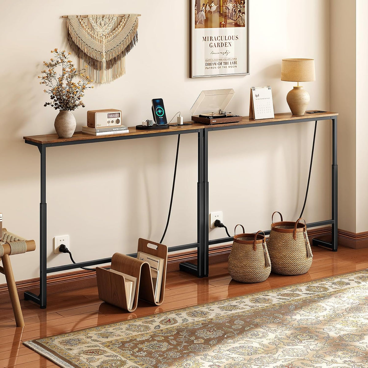Kitstorack 2-Pack Rustic Brown Console Table, 7.9" Deep Panel, Adjustable Height (25"-33") & Built-in Power Outlets, Behind Sofa Couch, Includes 4.9' Power Cord - 78.8" Total Long