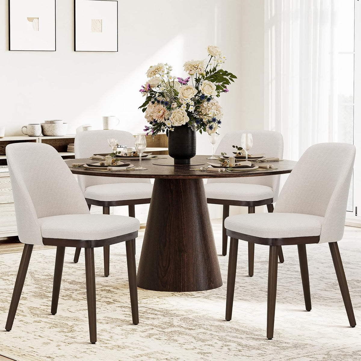 COLAMY Upholstered Dining Chairs Set of 4, Modern Kitchen Chairs with Back, Fabric Side Dining Room Chairs with Wood Legs for Kitchen Dining Room Restaurant, Beige