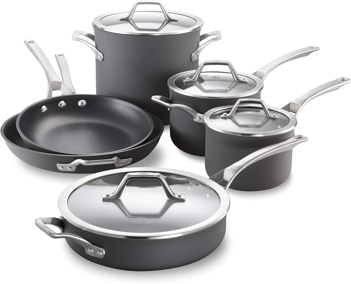 Calphalon 10-Piece Nonstick Kitchen Cookware Set Stay-Cool Stainless Steel Handles Dishwasher and Metal Utensil Safe Oven-safe up to 500 degrees F PFOA-Free Built to Last Black