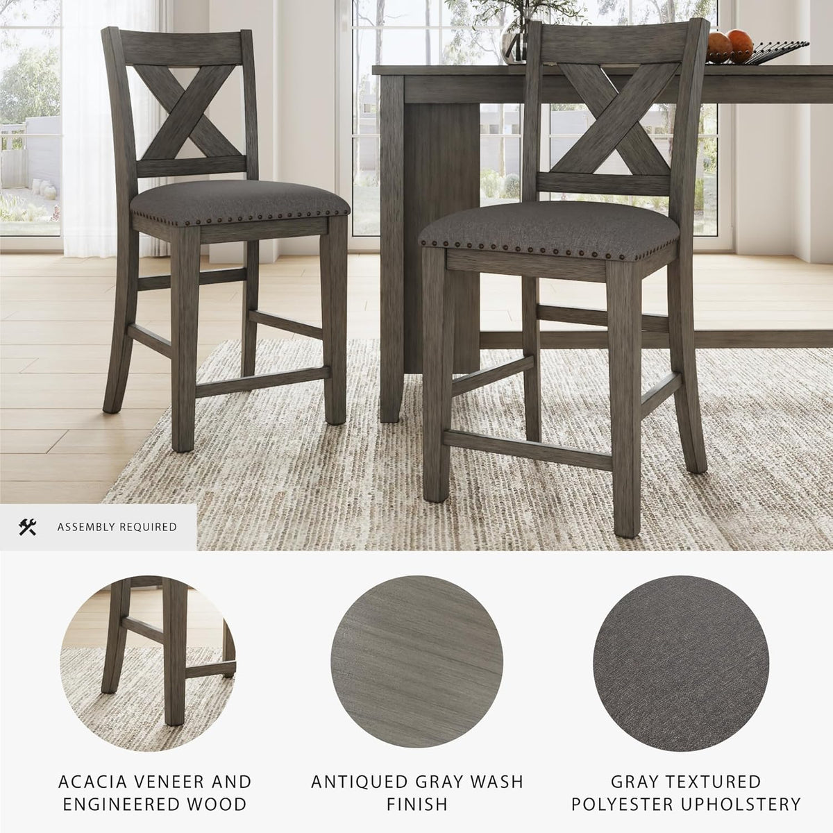 Signature Design by Ashley Caitbrook Rustic 24.63" Counter Height Upholstered Barstool, Set of 2, Gray