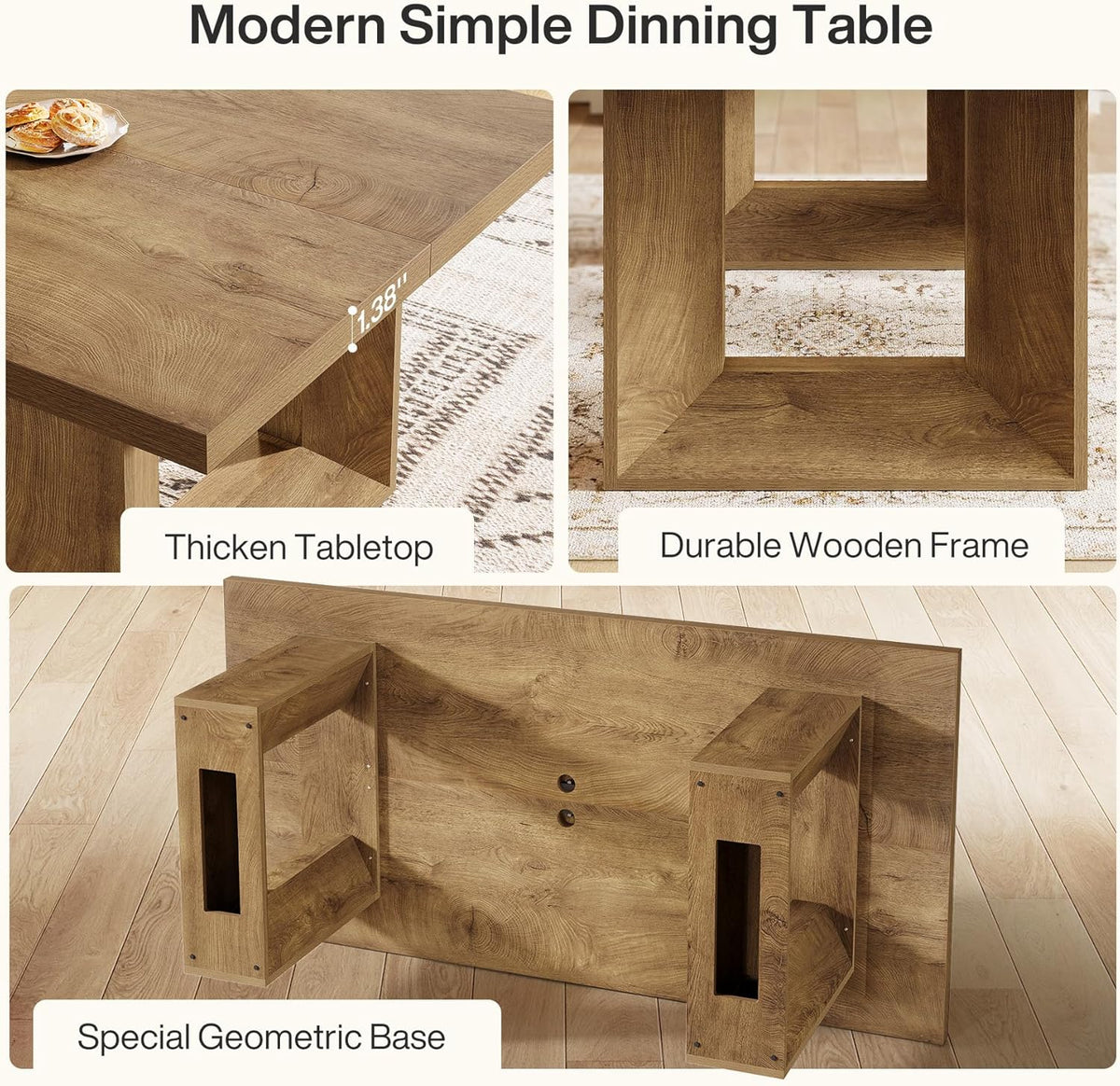 Tribesigns Farmhouse Dining Table, 63-Inch Rectangular Kitchen Table with Strong Geometric Frame for Kitchen & Dining & Living Room, Brown