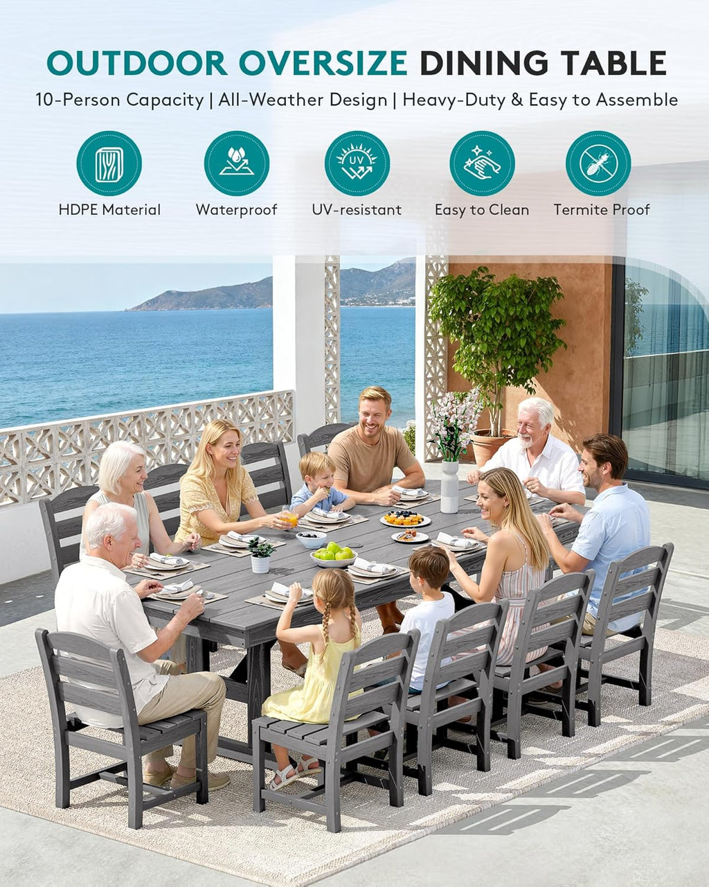 SERWALL Outdoor Dining Table, 84" Rectangular Dining Table for 6-10 Person, All Weather HDPE Outdoor Furniture for Backyard, Garden, Gray