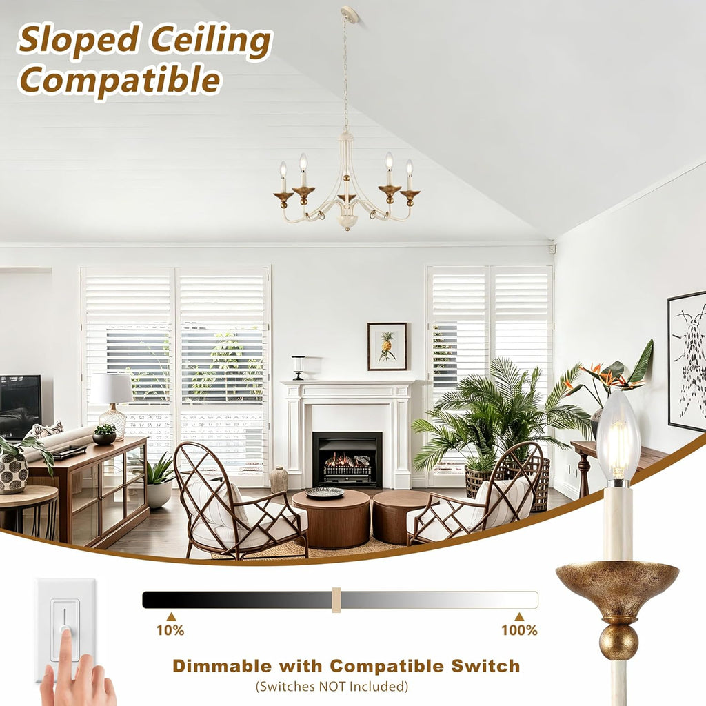 27.1" French Country Chandeliers for Dining Room, 5-Light Farmhouse Candle Chandelier, Rustic Vintage White&Antique Gold Metal Pendant Light Fixture for Kitchen Island Bedroom Living Room Foyer