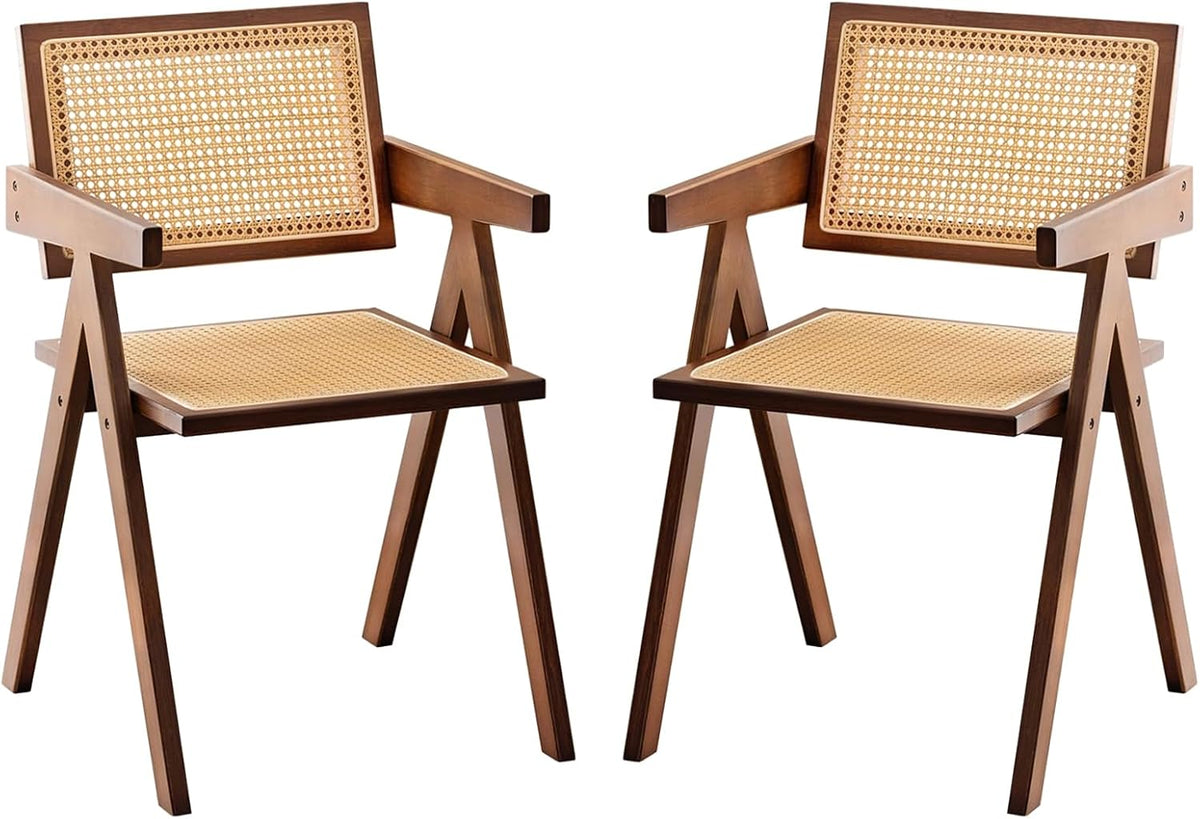 Furlide Rattan Accent Chairs, Modern Mid Century Dining Chairs Set of 2, Comfy Armchairs, Outdoor Rattan Chairs with Armrest for Bedroom Living Room Reading Room Dining Kitchen, Brown