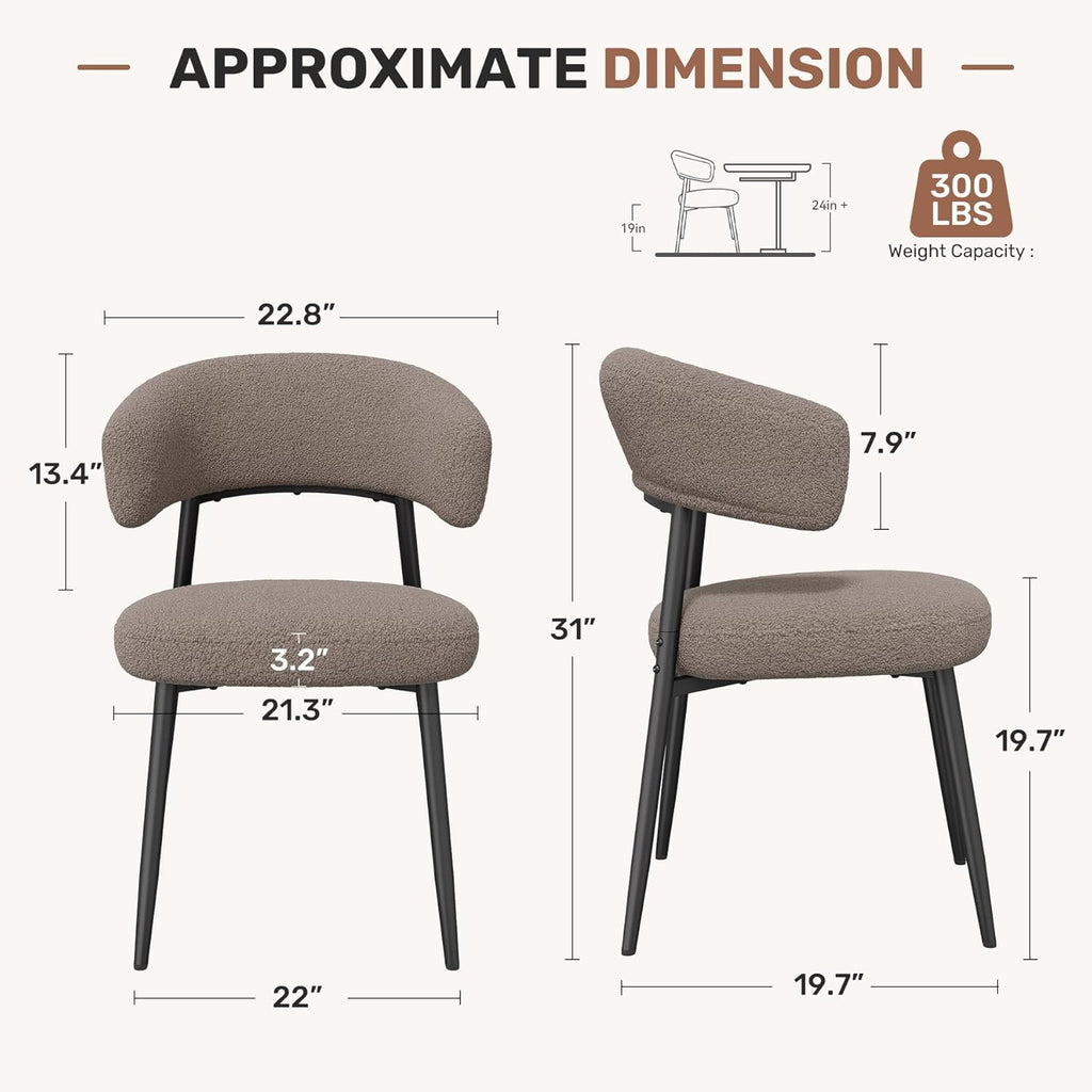 Dining Chairs Set of 4, Mid Century Modern Kitchen Chairs, Boucle Upholstered Dining Chair with Curved Backrest & Metal Legs for Kitchen Dining Room, Brown