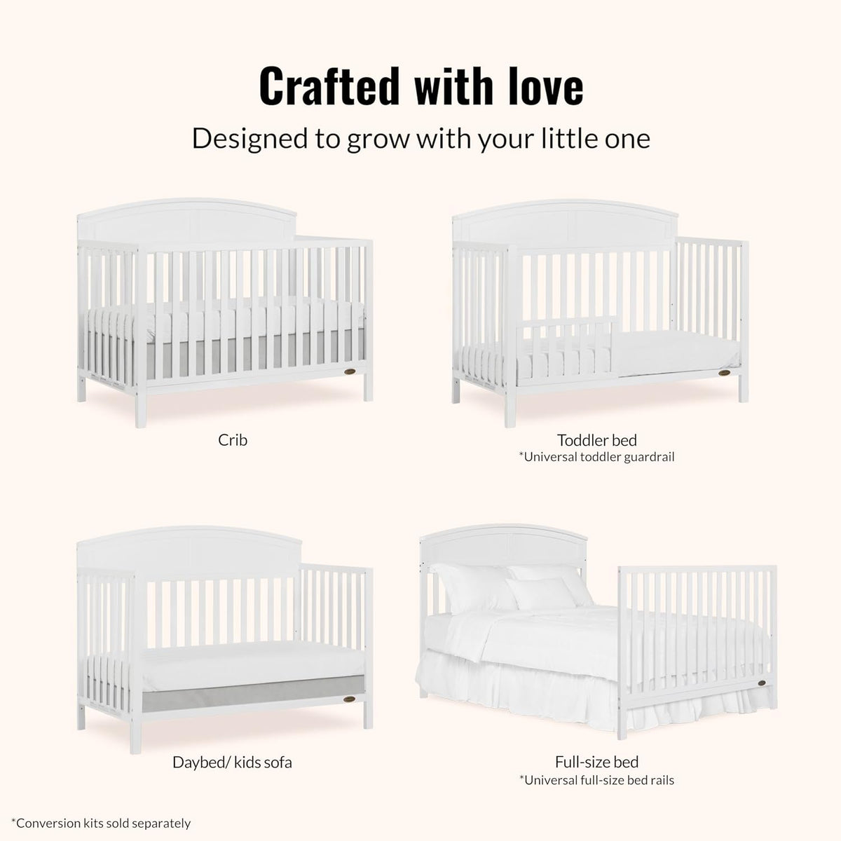 Dream On Me Storybrooke 5-in-1 Convertible Full-Size Baby Crib, GreenGuard Gold & BSA Certified, Convert to Toddler, Day & Full-Size Bed Sustainable Pinewood, 3 Mattress Height Settings - White