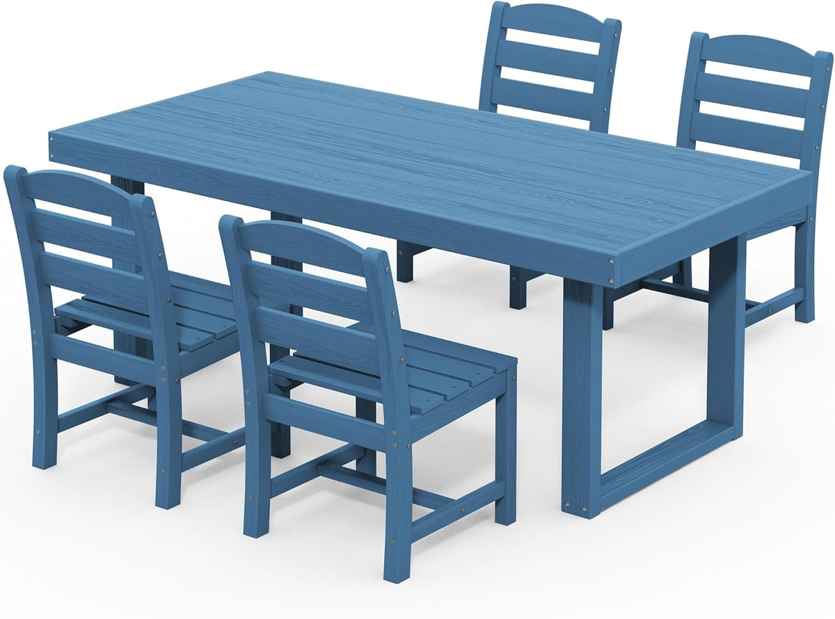 SERWALL HDPE Outdoor Dining Set for 4, 67'' All Weather Patio Dining Table and Armless Chairs Set for Deck, Lawn, Blue