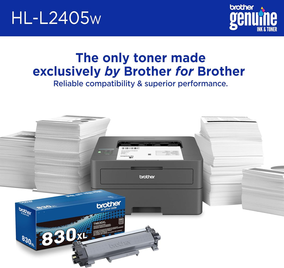Brother HL-L2405W Wireless Compact Monochrome Laser Printer with Mobile Printing, Black & White Output | Includes Refresh Subscription Trial(1), Works with Alexa