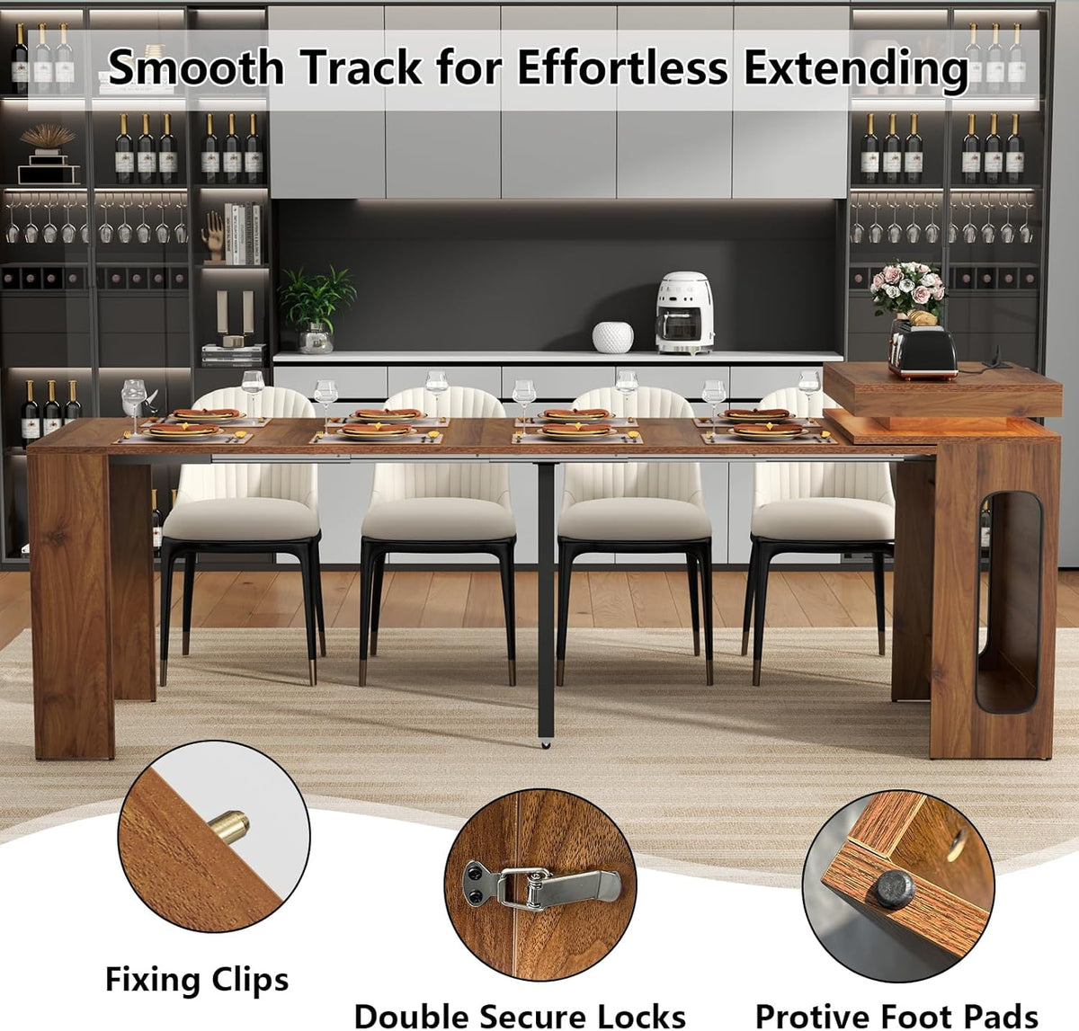Extendable Dining Table with Charging Station, Convertible Folding Console Table for 6-8 People, Space-Saving Dining Table with LED Lights, Wood Rectangle Kitchen Table for Homes, Walnut (No Chairs)
