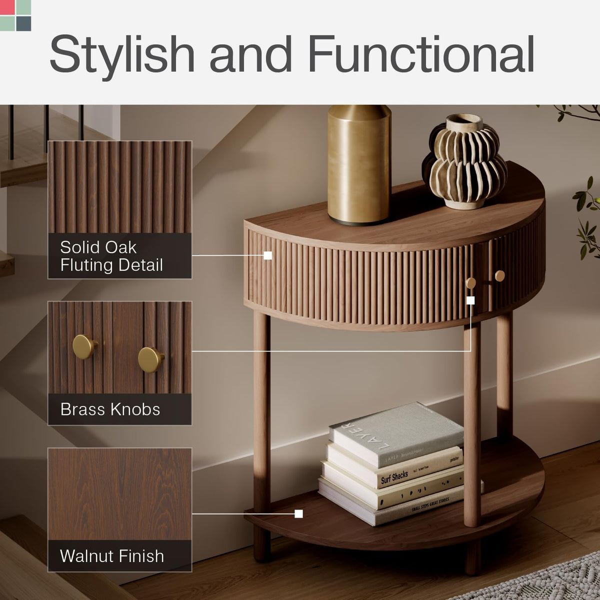 Stead Fluted Half Moon Shaped Console Table - Small Entry Desk - Living Room Furniture - Modern Home Decor - Solid Wood Entryway Table with Two Doors and Brass Knobs (Walnut)