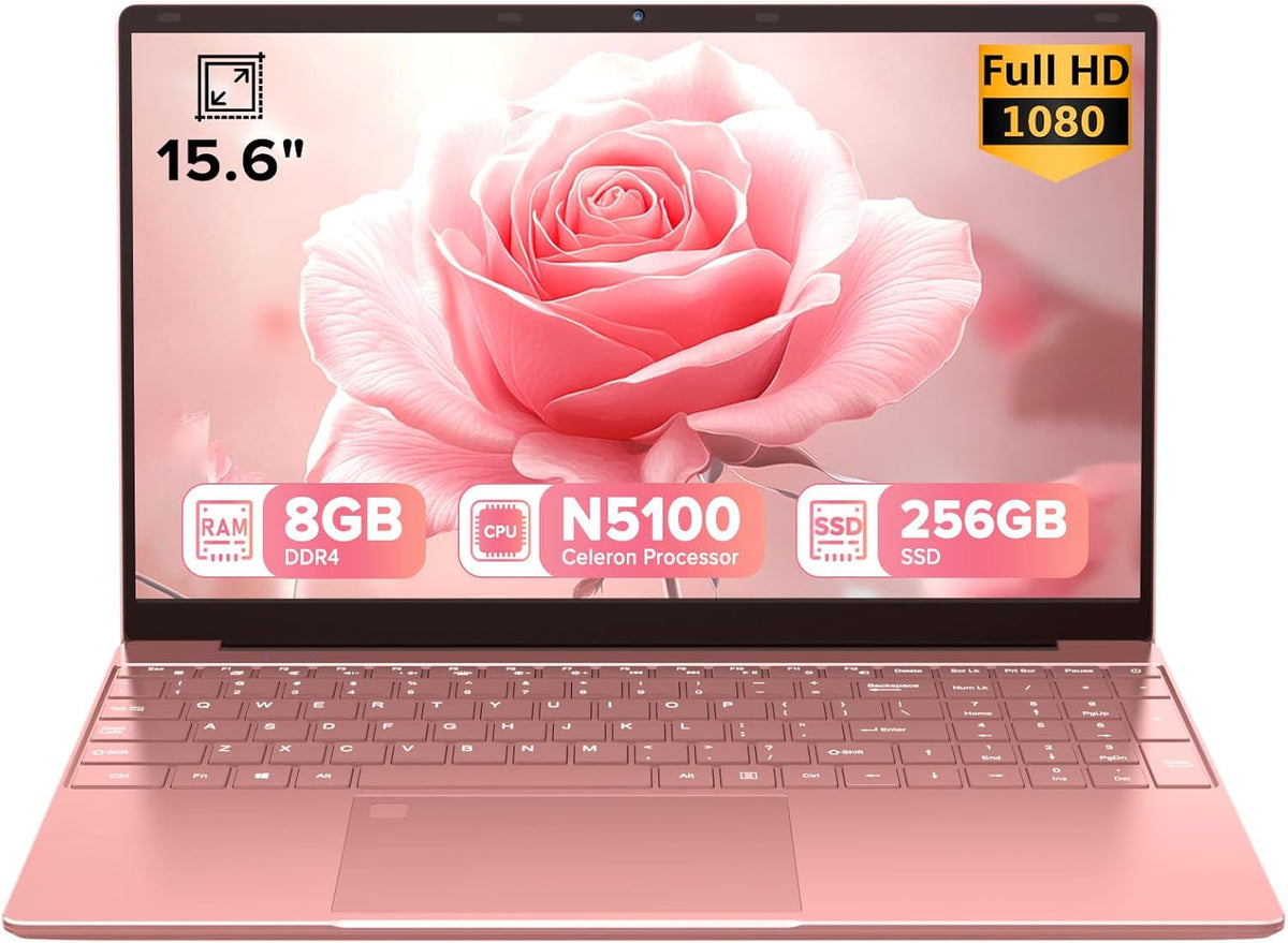 2026 Laptop 15.6" Rose Pink, Fingerprint & Backlit Keyboard with Numpad, 8GB RAM 256GB SSD, Quad-Core Processor (Up to 2.8GHz), 1080P FHD IPS, Aesthetic PC for Business & Student
