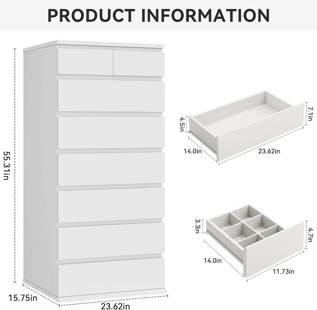 Jocoevol White Tall 8 Drawer Dresser for Bedroom,Dressers & Chests of Drawers with Jewelry Storage,Wood Storage Dresser with Deep Drawers for Living Room Hallway Entryway(55.3" L*23.6" W*15.7")