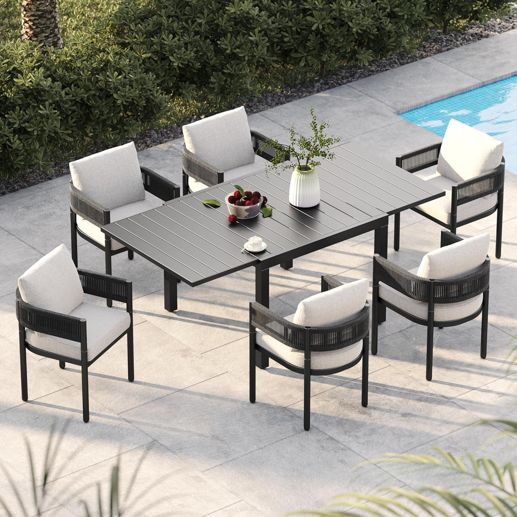 Grand patio 7-Piece Outdoor Dining Set for 6 with 1 Rectangle Expandable Table for 4-6 Person, Metal Woven Wicker Fixed Patio Chairs with Thickened Cushions for Yard, Poolside, Deck (Black)