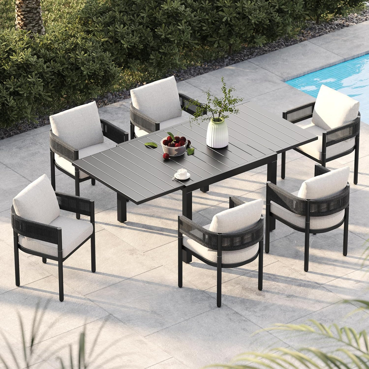 Grand patio 7-Piece Outdoor Dining Set for 6 with 1 Rectangle Expandable Table for 4-6 Person, Metal Woven Wicker Fixed Patio Chairs with Thickened Cushions for Yard, Poolside, Deck (Black)