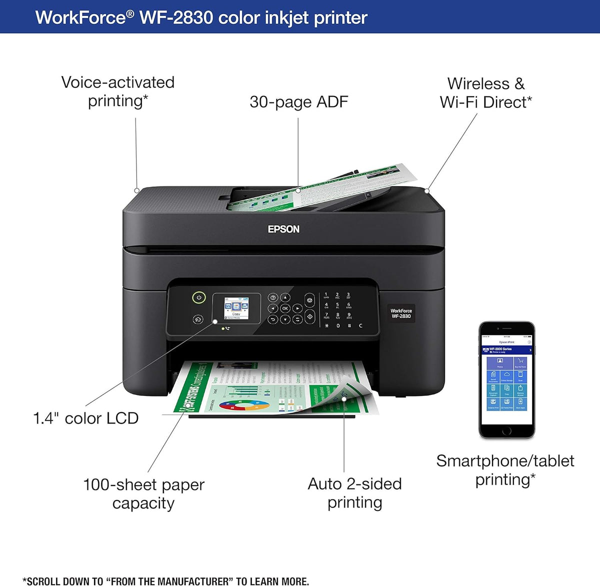 Epson Workforce WF-2830 Wireless Color Inkjet All-in-One Printer, Print Scan Copy and Fax, Automatic 2-Sided Printing, 1. 4" Color LCD, 100-sheet Paper Tray, Wi-Fi Direct Connectivity, Black