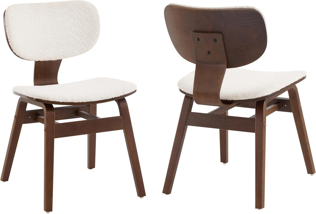 Christopher Knight Home Set of 2 Soft Boucle Fabric Upholstered Dining Chairs with Wood Frame, Curved Backrest Armless Accent Chair, Side Chair with Support Bar, Dining Room, Kitchen, White and Walnut