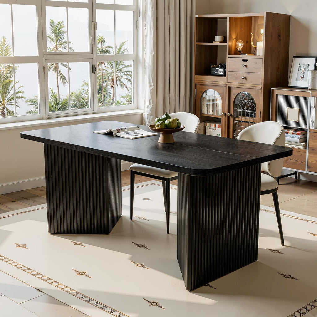 LITTLE TREE 63" Rectangle Dining Table, Modern Kitchen Table for 4-6 People, Large Dinner Table with Thick Sturdy Base for Kitchen, Dining Room (Black, MDF)