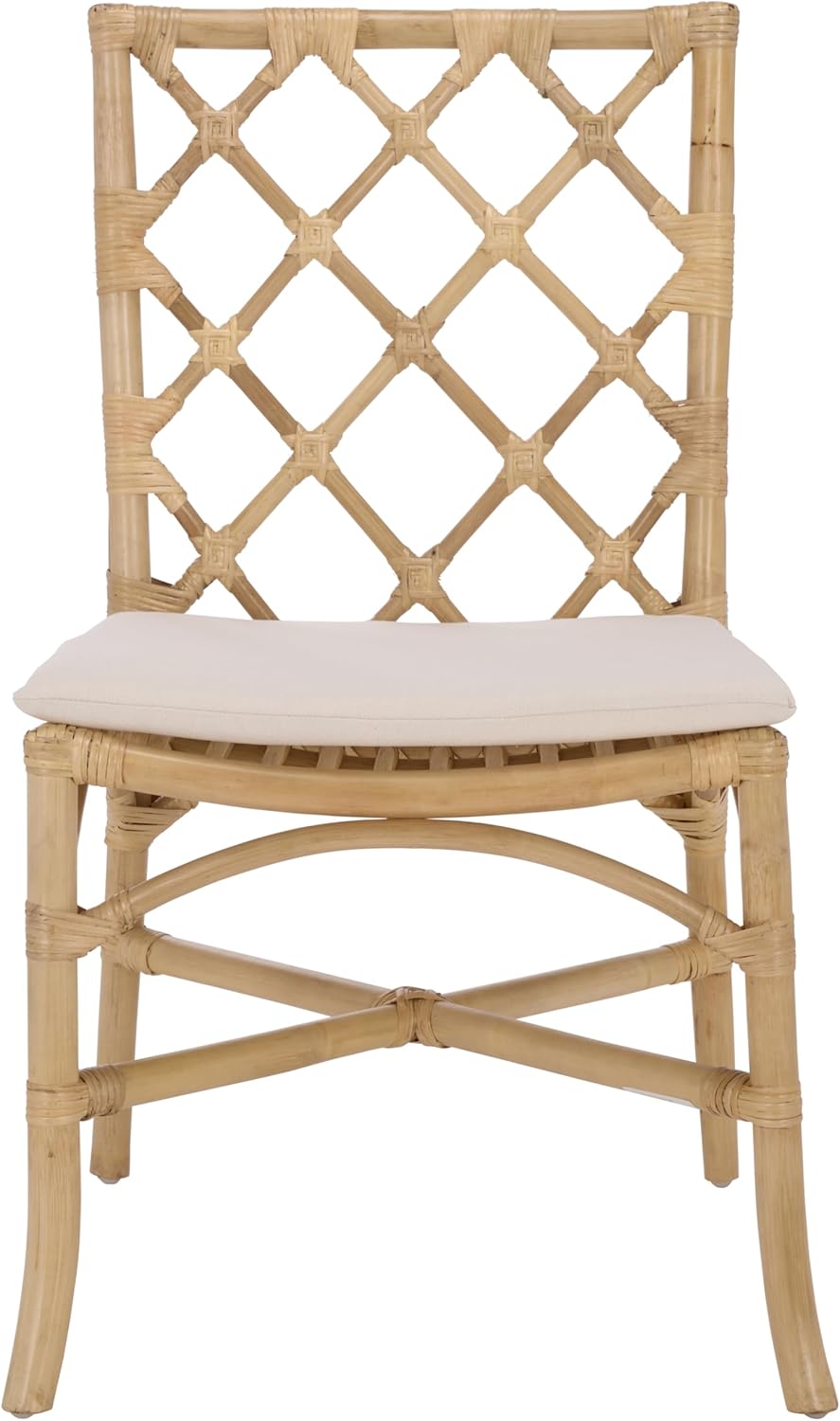 SAFAVIEH Home Collection - Haru Rattan Dining Chair Set of 2, Natural & Cream Upholstered Seat, Coastal Boho Accent Chair, Fully Assembled (SEA8039A)
