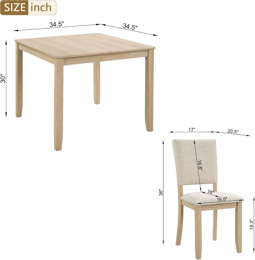 Harper & Bright Designs Modern 5-Piece Wooden Dining Table Set for 4 - Small Space 34.5" Square Kitchen Table & Upholstered Seats Chairs,Compact Apartment Dining Set,Light Oak + Beige