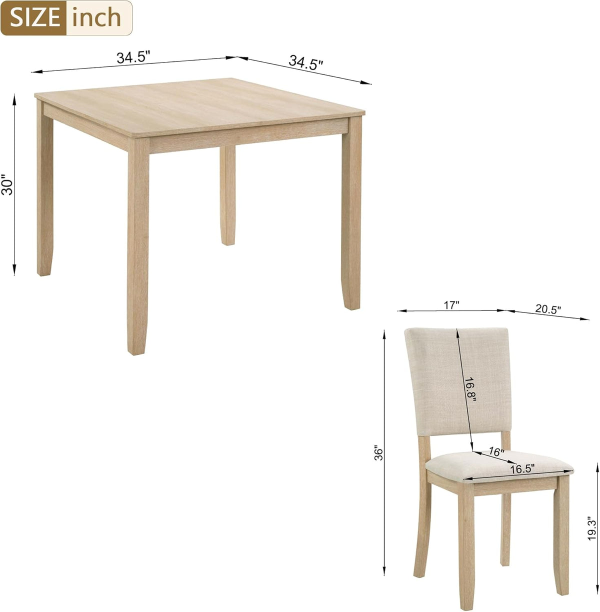 Harper & Bright Designs Modern 5-Piece Wooden Dining Table Set for 4 - Small Space 34.5" Square Kitchen Table & Upholstered Seats Chairs,Compact Apartment Dining Set,Light Oak + Beige