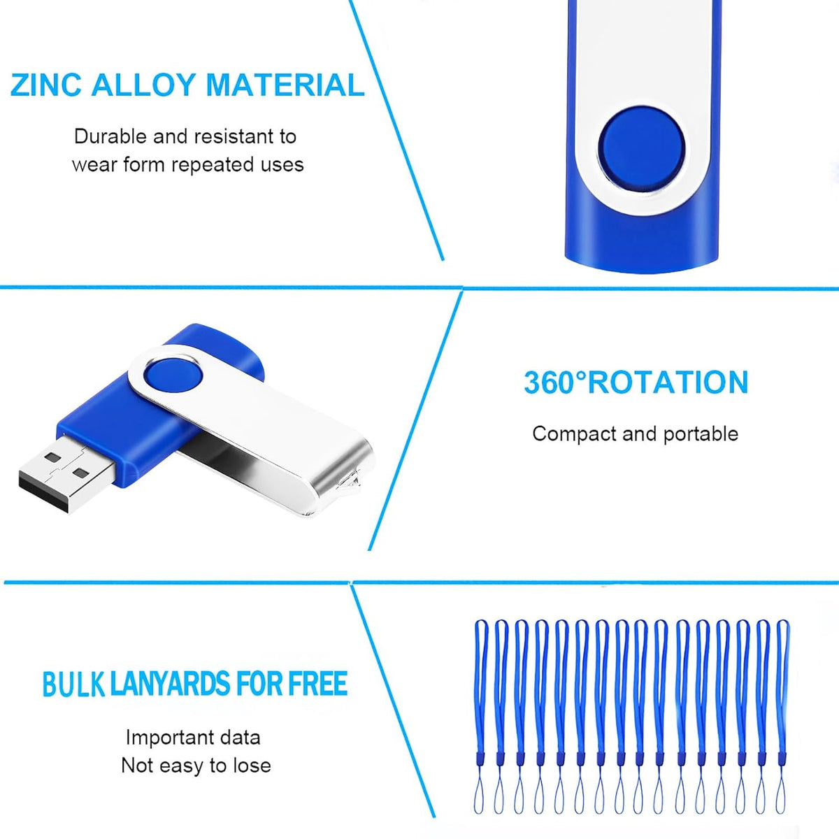 EASTBULL 2GB Flash Drive 100 Bulk USB 2.0 Fast Speed Flash Drives Pack Swivel USB Drives Pack (Blue, 100 Pack)