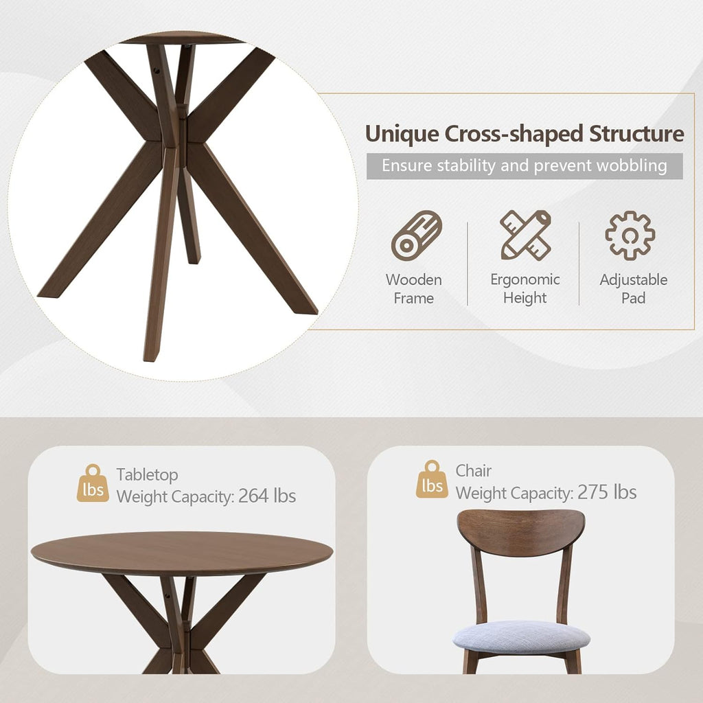 Giantex 3-Piece Dining Table and Chair Set, Wooden Kitchen Table Set, Farmhouse Round Kitchen Table and 2 Cushioned Dinette Chairs, Mid-Century Dining Table Set for Dining Room, Living Room