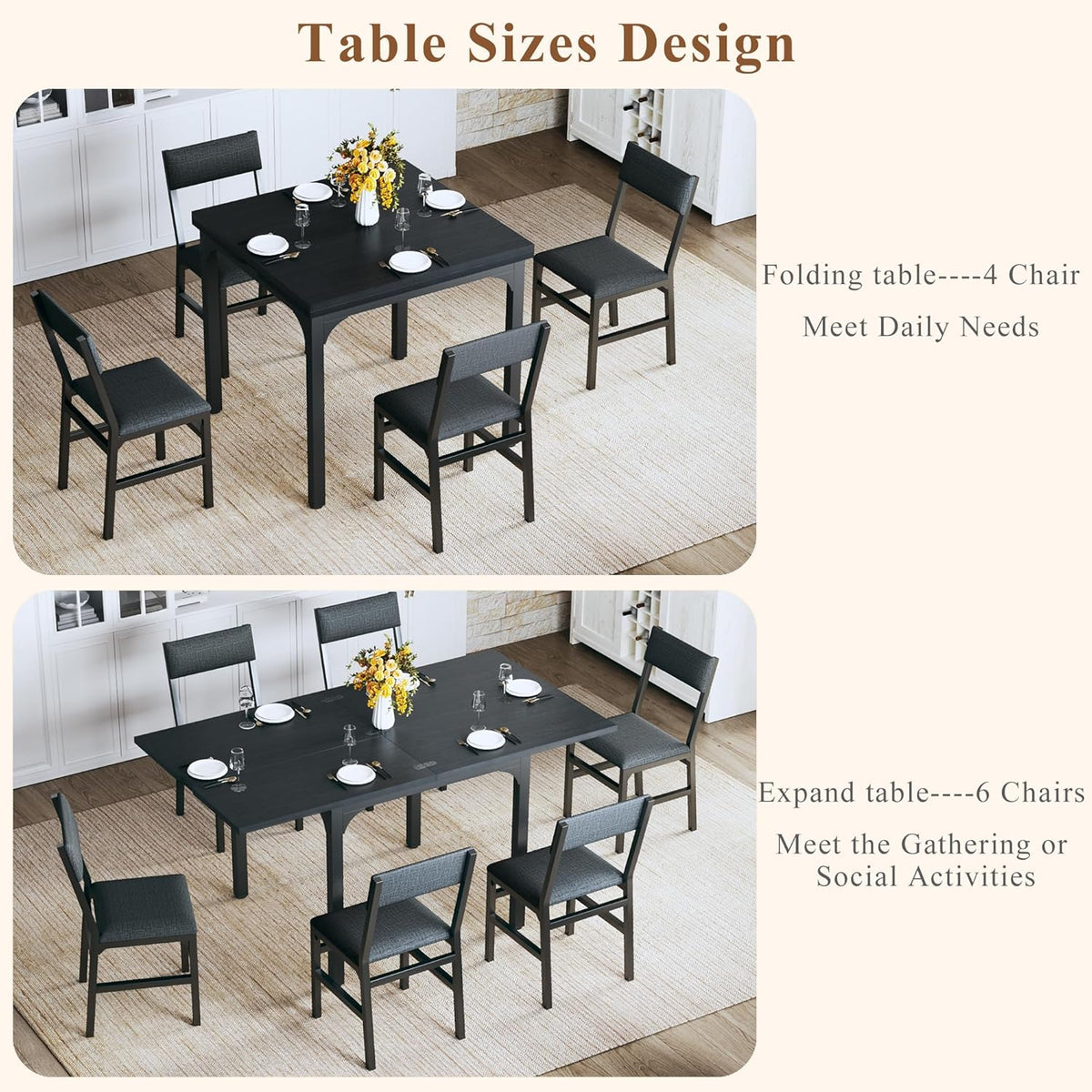 7-Piece Dining Table Set for 4-6, Extendable Kitchen Table Cushion Chairs Set of 6 with 6 Chairs, Rectangle Dining Table with Metal Frame & MDF Board, Folding for Small Apartment Saving Space, Black