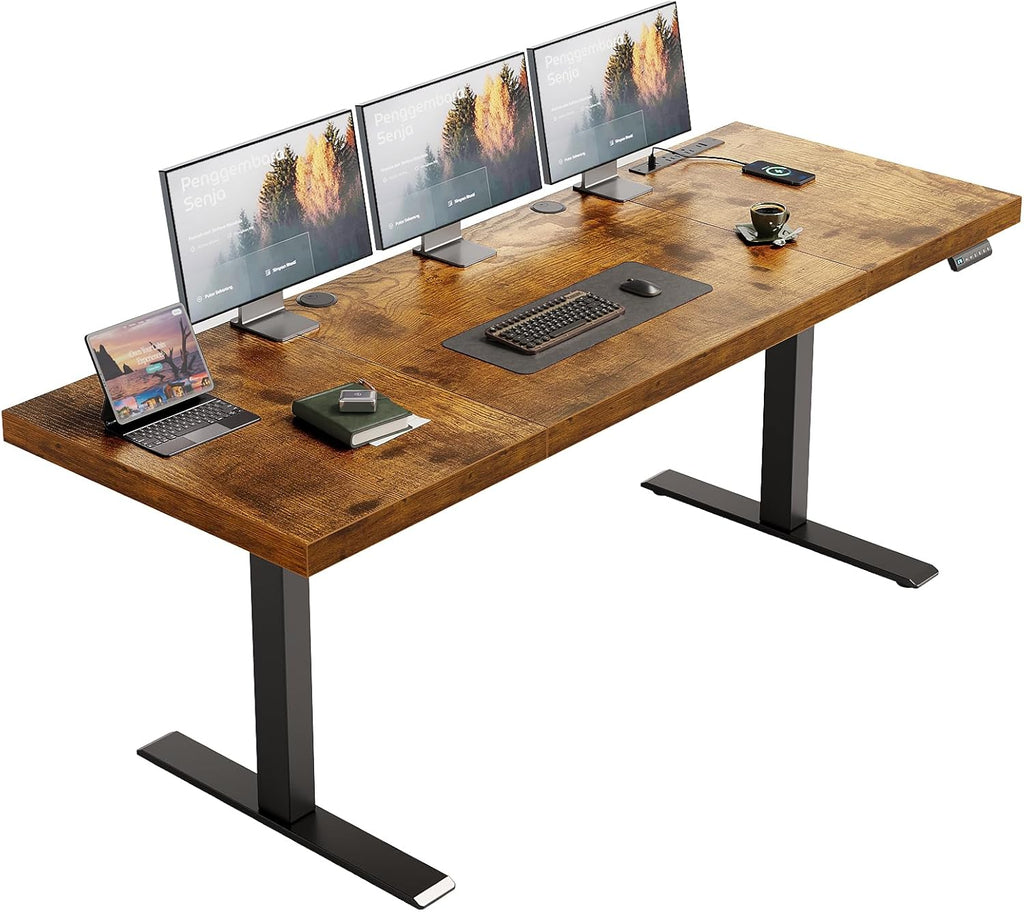 OffiGo 71 Inch Executive Electric Standing Desk, Height Adjustable Desk with Power Outlet & 1.38" Thick 3-Piece Desktop, Sit Stand Computer Desk for Home, Office, Conference Room, Rustic Brown