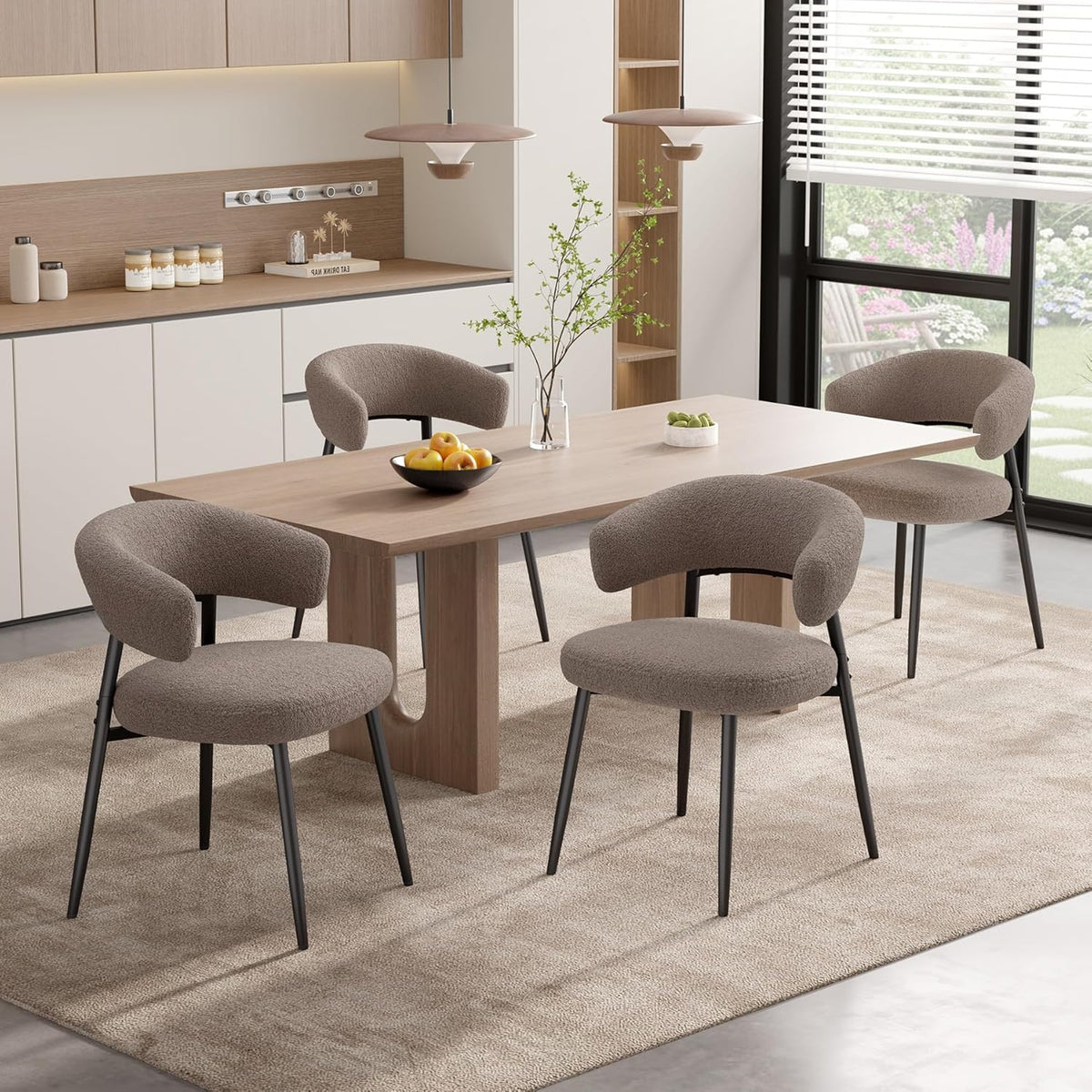 Dining Chairs Set of 4, Mid Century Modern Kitchen Chairs, Boucle Upholstered Dining Chair with Curved Backrest & Metal Legs for Kitchen Dining Room, Brown