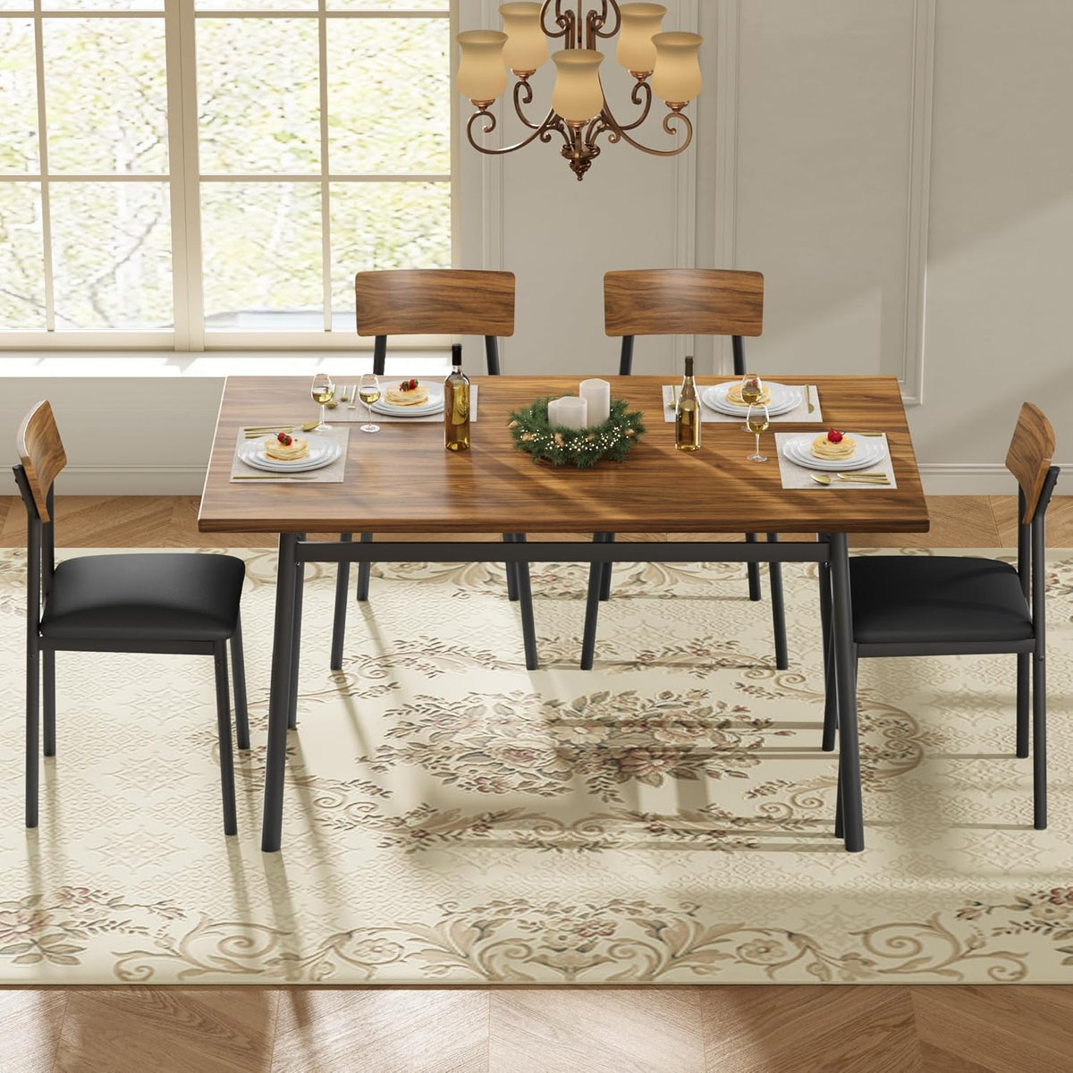 Garvee Dining Table Set for 4 with 4 Upholstered Chairs, Dining Room Table Set for 4 w/Smooth Edge, Wood Kitchen Table Chairs Set of 4 for Dining, Kitchen Room, Apartment,Walnut