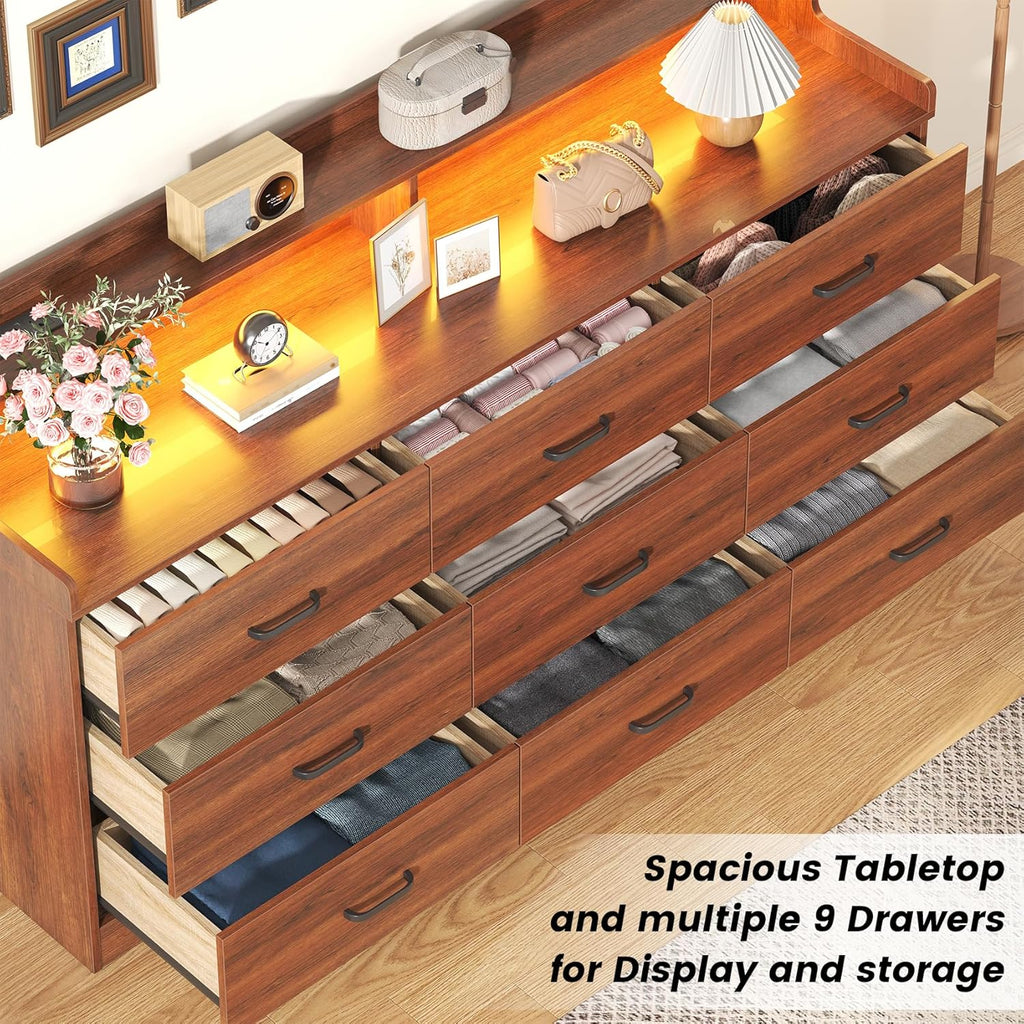 Bigbiglife 9 Drawer Dresser with Built in Power Outlet and LED Light, Modern Chest of Drawers for Bedroom, Triple Wide Drawer Organizer Cabinet for Living Room, Entryway, Hallway, Walnut Brown