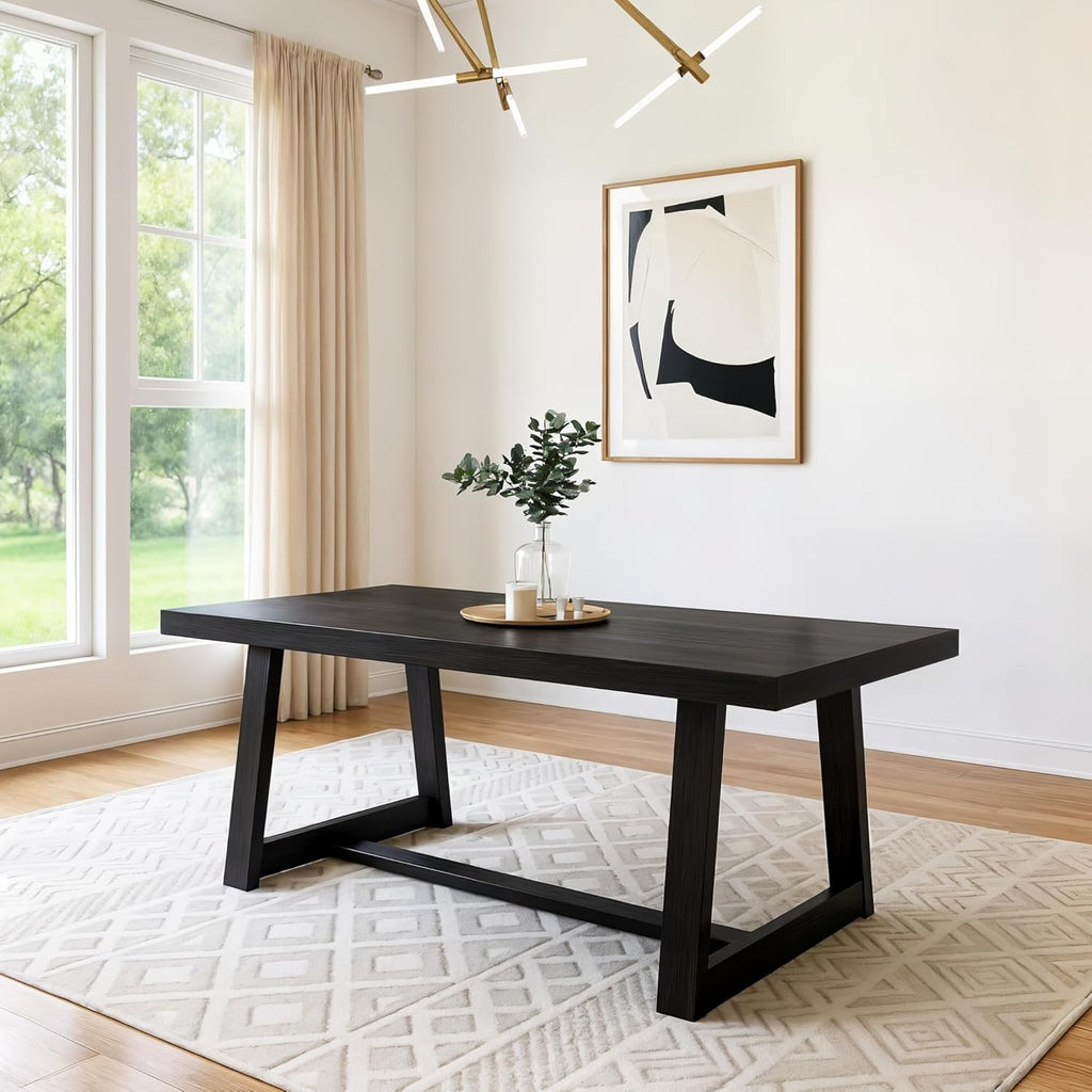 Plank+Beam 72 Inch Farmhouse Dining Table, Solid Wood Rustic Kitchen Table, Large Wooden Rectangular Dinner Table for Dining Room, Home Office, Living Room Furniture, Easy Assembly, Black Wirebrush