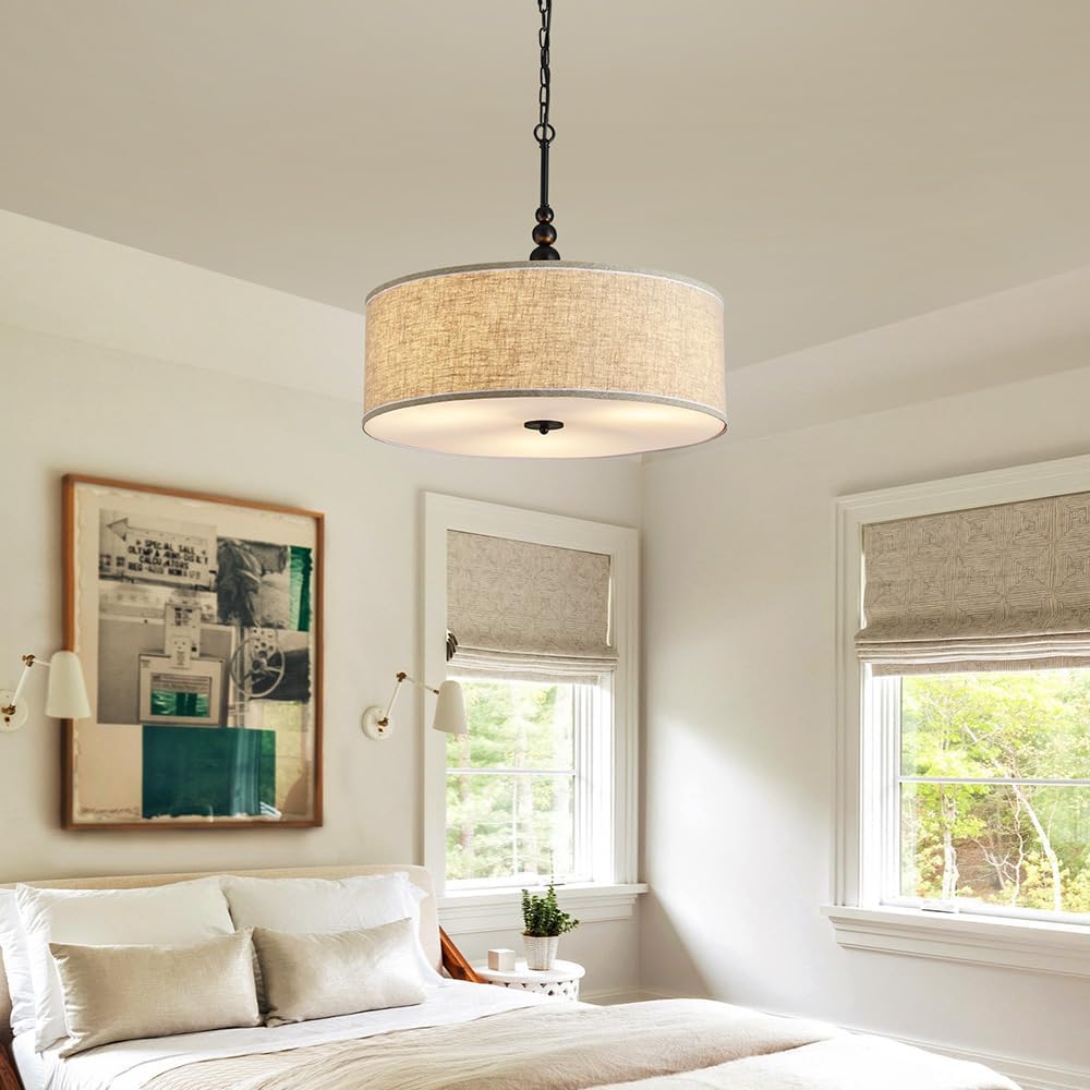 Shrine Lighting Drum Chandeliers, Farmhouse Style, Perfect Drum Pendant Light for Dining Room, D21'' x H8'', Adjustable Chains 59'', E26*3 Sockets, Beige Linen Fabric Lampshade & Black Rod