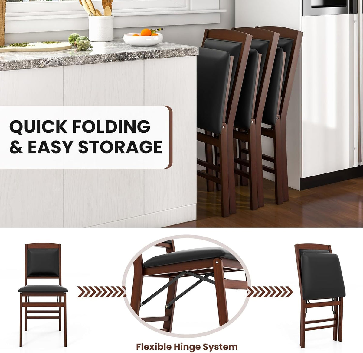Giantex Folding Dining Chairs Set of 2, Foldable Wood Kitchen Chairs with Padded Seat, Solid Wood Frame, Max Load 400 Lbs, No Assembly Easy to Store Wooden Dining Chairs for Apartment, Small Space