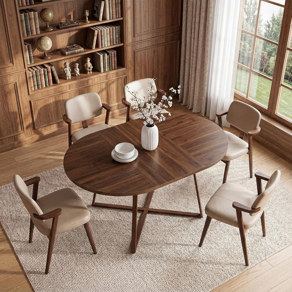 LITTLE TREE 59-Inch Oval Wooden Dining Table for 4-6, Kitchen Round Table with Metal Cross Base, Modern Farmhouse Dining Table for Small Space, Dining Room, Apartment, Living Room, Walnut (Table Only)