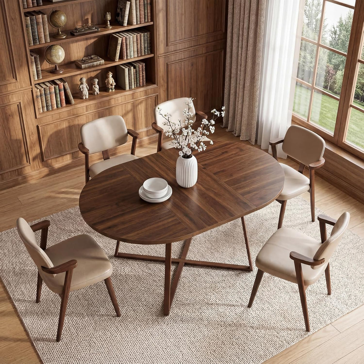 LITTLE TREE 59-Inch Oval Wooden Dining Table for 4-6, Kitchen Round Table with Metal Cross Base, Modern Farmhouse Dining Table for Small Space, Dining Room, Apartment, Living Room, Walnut (Table Only)
