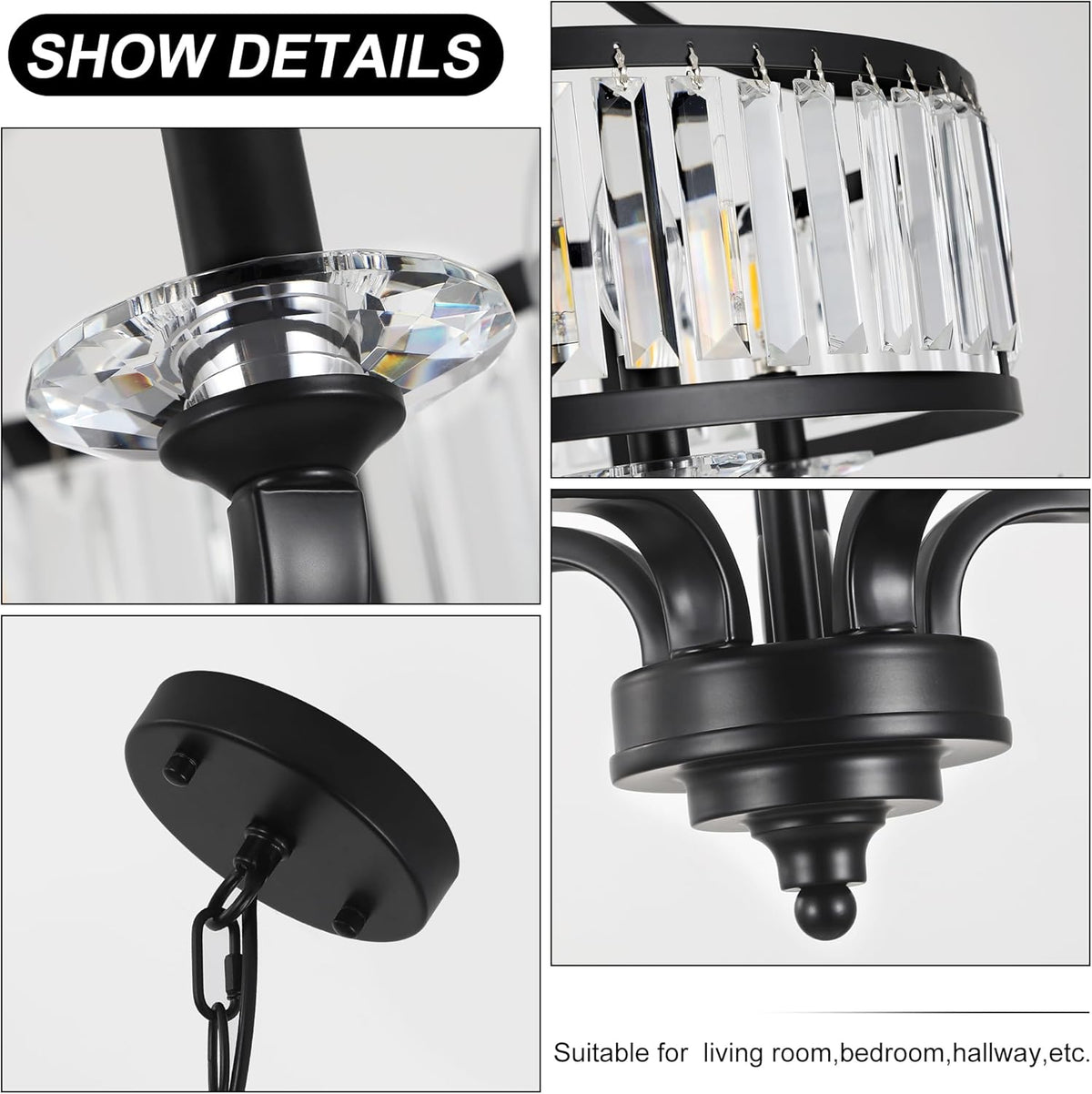 Modern Black Crystal Chandelier,5-Light Farmhouse Dining Room Light Fixture Over Table Adjustable Height Hanging Industrial Pendant Lights Kitchen Island,Living Room Kitchen Island Entryway