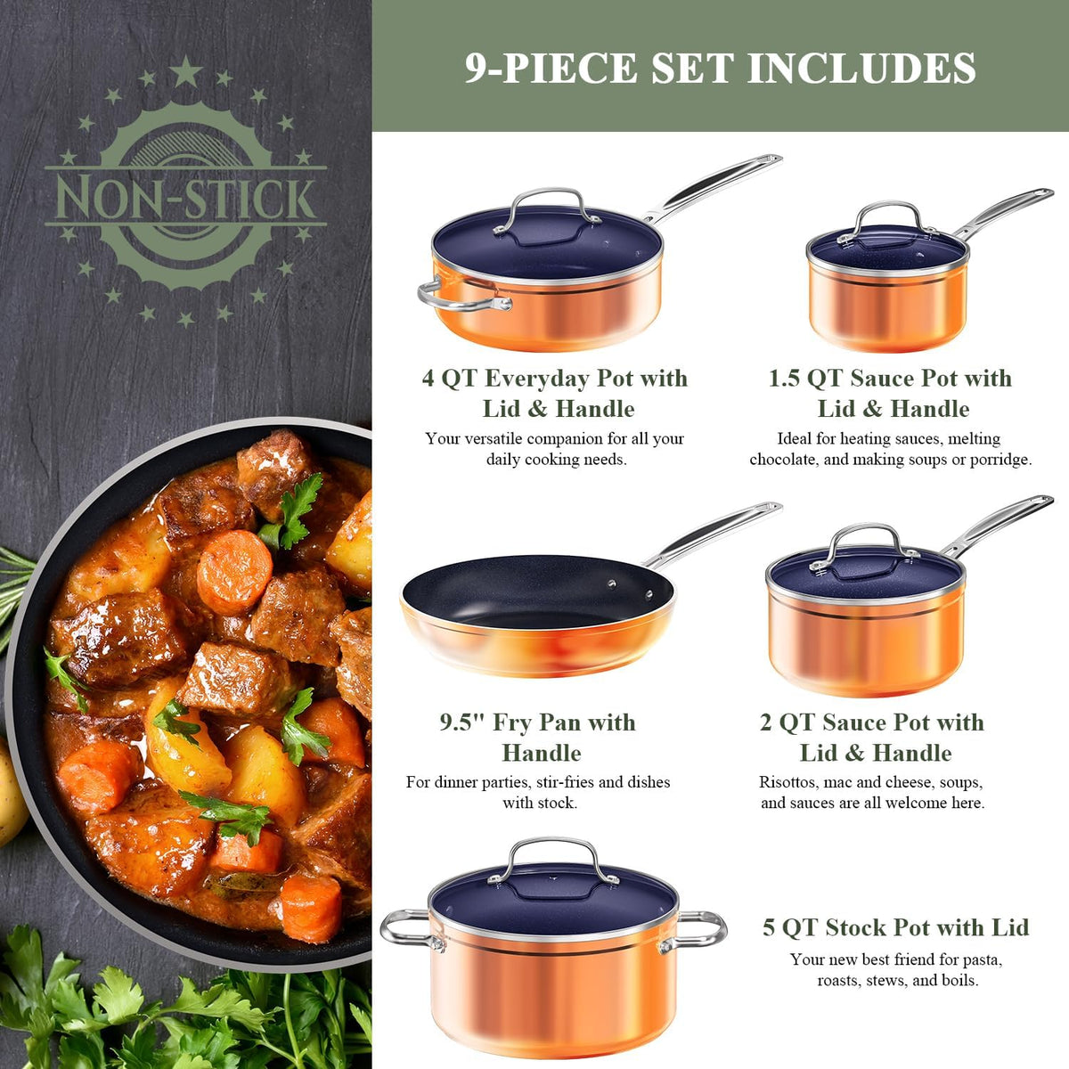 Nuwave 9pc Cookware Set Healthy Duralon Blue Ceramic Nonstick Coated, Diamond Infused Scratch-Resistant, PFAS Free, Oven Safe, Induction Ready & Evenly Heats, Tempered Glass Lids & Stay-Cool Handle