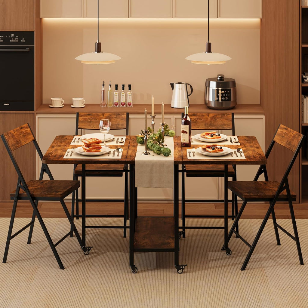 Garvee Dining Table Set for 4,Foldable Dining Table with 4 Foldable Chairs, Rectangle Space Saver Table and Chairs Set with Swivel Wheels, for Small Space,Apartment,Kitchen,Dining Room, Rustic Brown