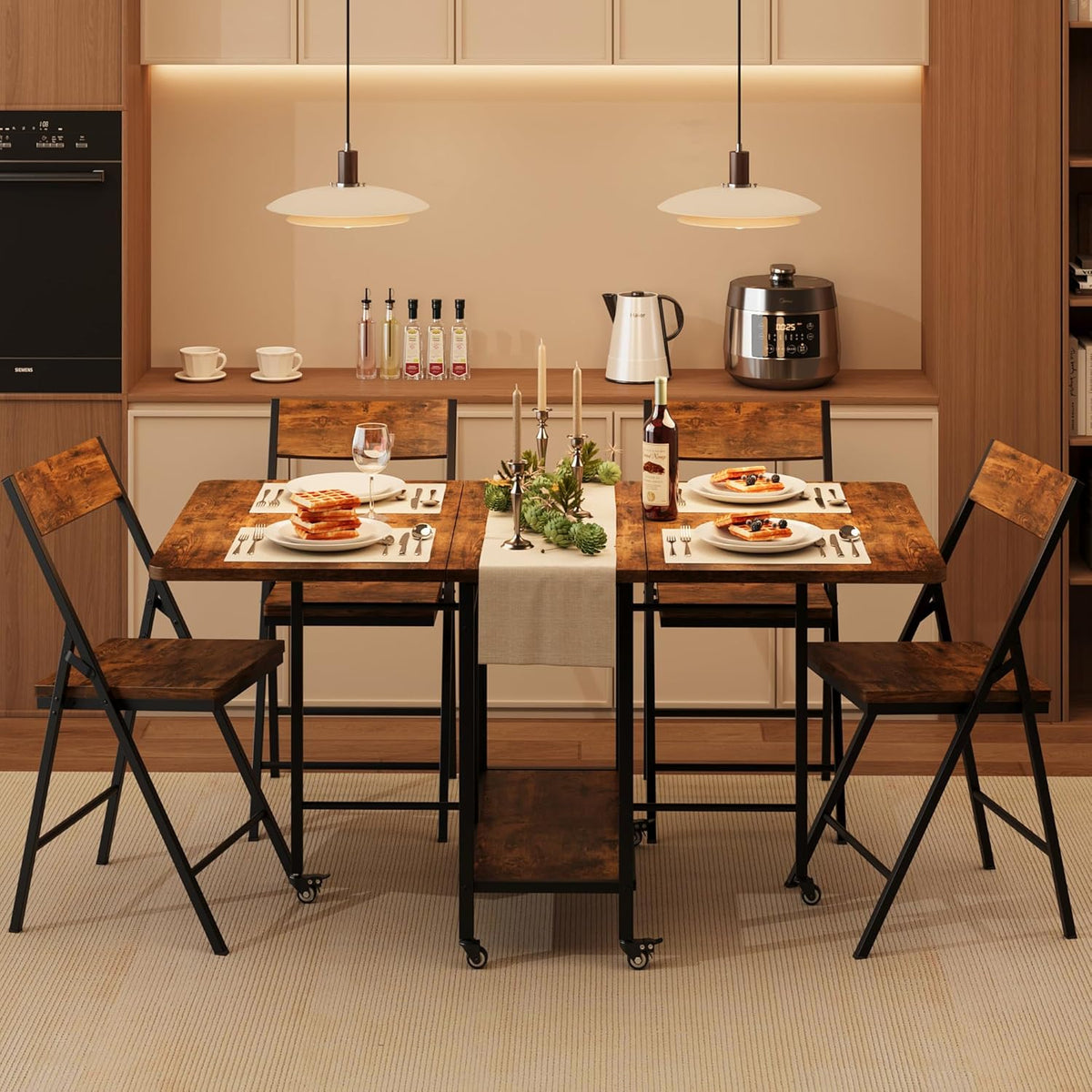 Garvee Dining Table Set for 4,Foldable Dining Table with 4 Foldable Chairs, Rectangle Space Saver Table and Chairs Set with Swivel Wheels, for Small Space,Apartment,Kitchen,Dining Room, Rustic Brown