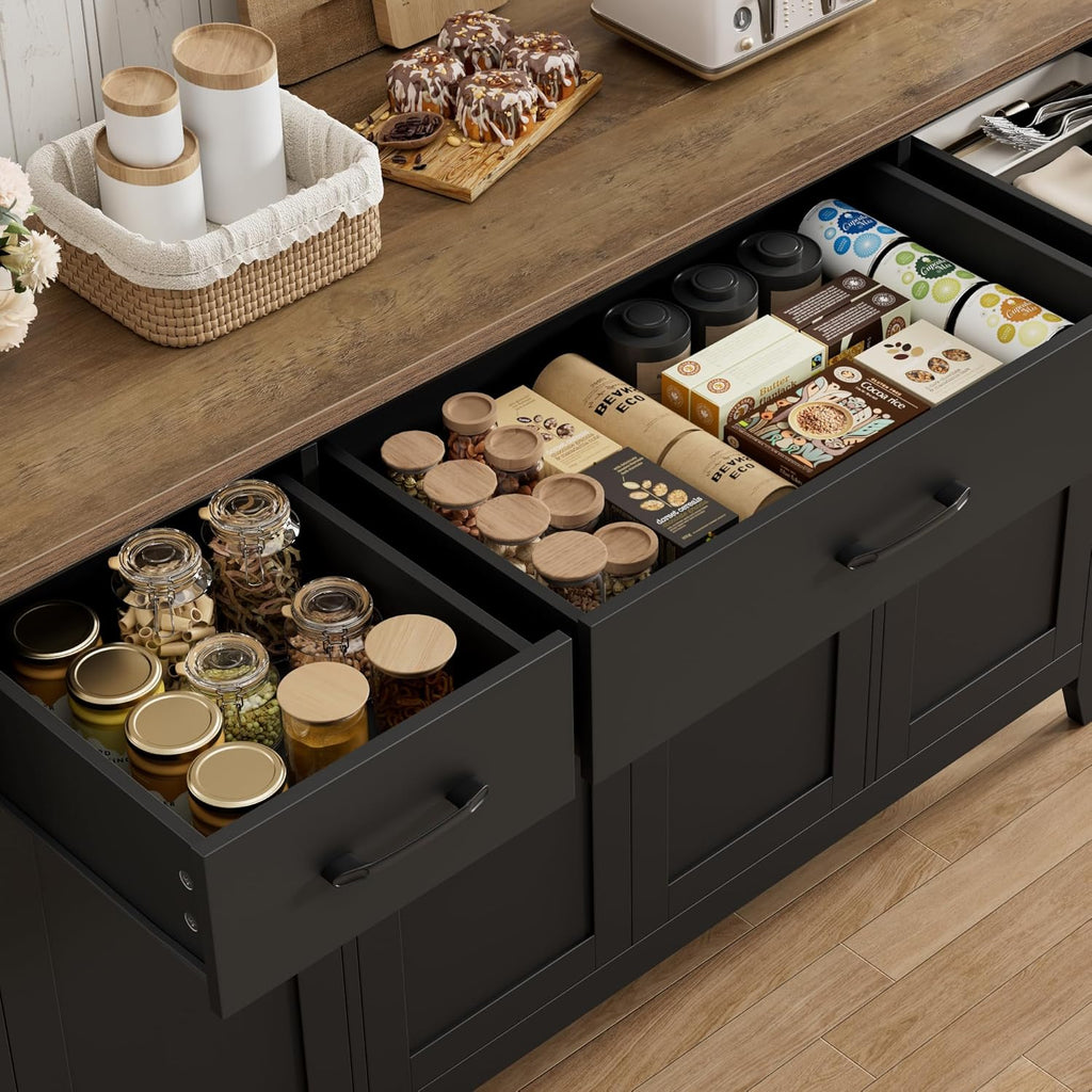 HORSTORS 55" Buffet Cabinet, Modern Farmhouse Sideboard Buffet with Drawers, Large Kitchen Storage Cabinet with Adjustable Shelves, Wood Coffee Bar for Kitchen, Dining Room, Living Room, Black