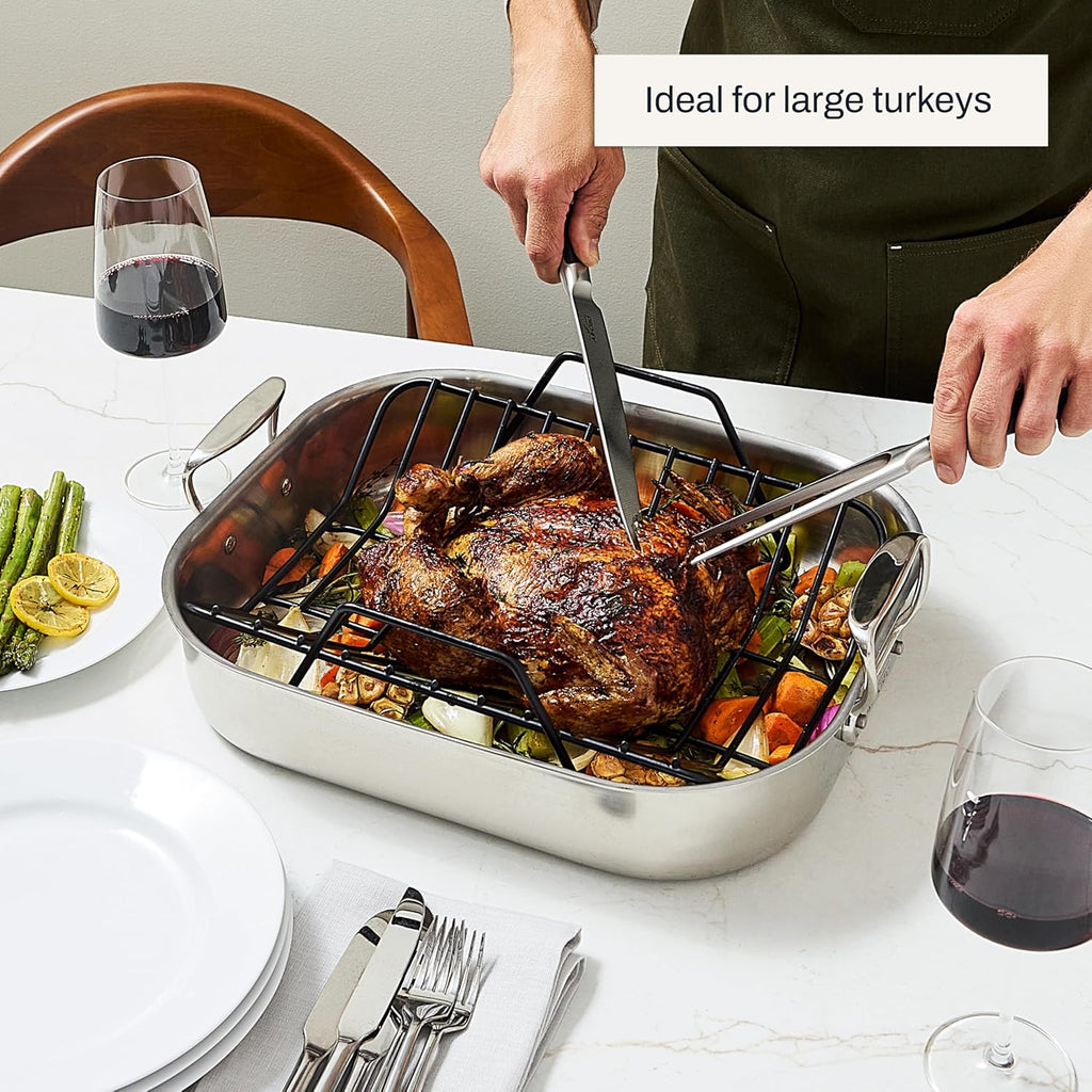 All-Clad Specialty Stainless Steel Roaster and Nonstick Rack 16x13x5 Inch Oven Broiler Safe 600F Roaster Pan, Pots and Pans, Bakeware, Turkey, Silver