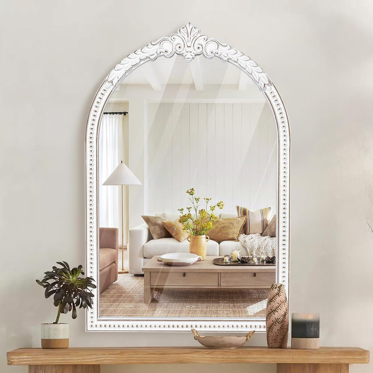 36x24 Inch Vintage Arch Wall Mirror, Antique White Baroque Ornate Wooden Mirror, Farmhouse Decorative Beaded Mirror for Over Fireplace Mantel, Living Room, Entryway, Bathroom