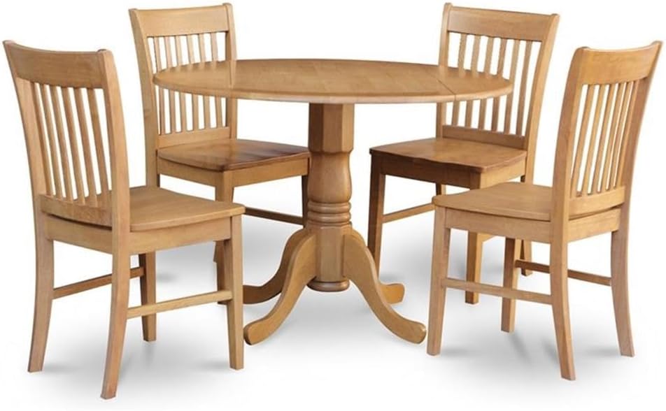 East West Furniture DLNO5-OAK-W 5 Piece Modern Dining Table Set Includes a Round Wooden Table with Dropleaf and 4 Dining Chairs, 42x42 Inch, Oak