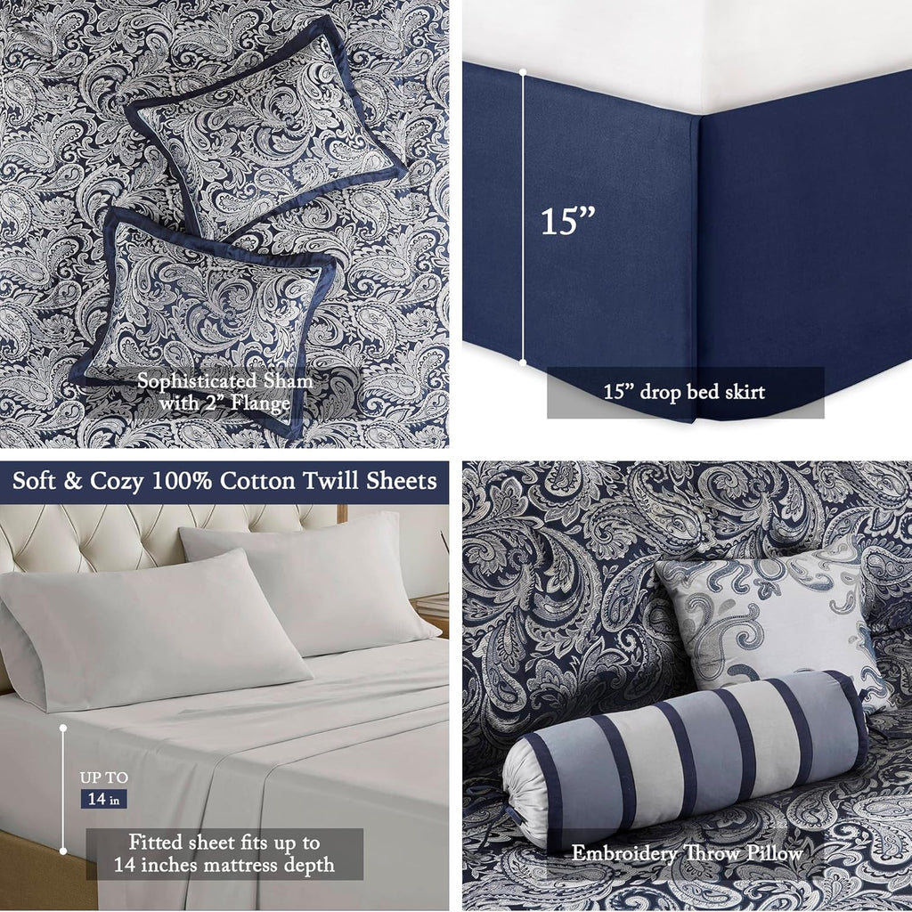 Madison Park Aubrey Cozy Comforter Set, Faux Silk Jacquard Paisley Design - All Season Down Alternative Bedding with Cotton Bed Sheets, Bed Skirt & Toss Pillows, Queen Navy 12 Piece