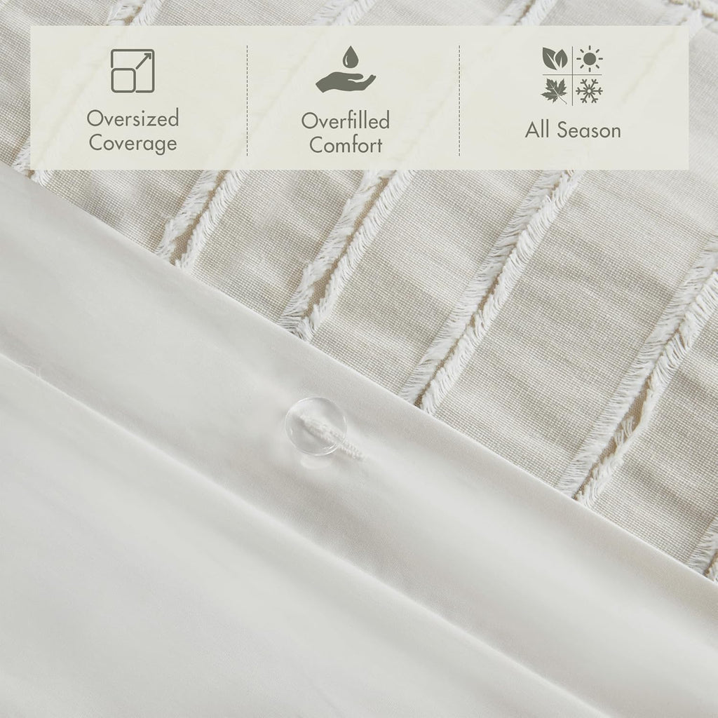 Madison Park King Comforter Set Clipped Jacquard Stripes with Buttons Boho Comforter for a King-Size Bed, Cotton Oversized Comforters with Removable Cover Boho Bedding, King Ivory 9 Piece