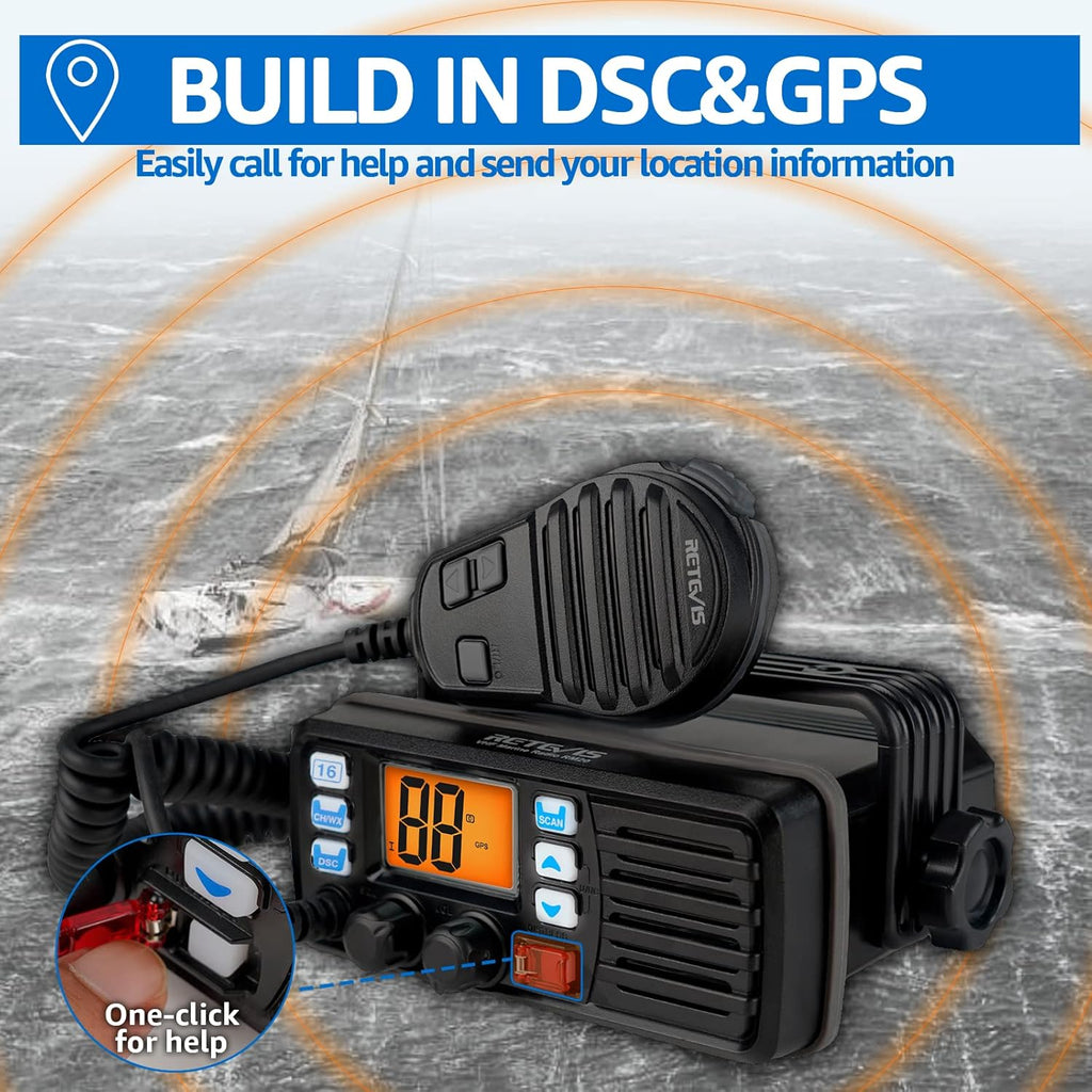 Retevis RM20 Marine VHF Radios Fixed Mount, Marine Band Radio with Built in GPS, DSC, IP67 Waterproof, High Power, NOAA Weather, International Channels, Ship to Shore Radio for Boats(Black)